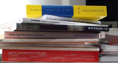 A stack of art publications at the Kadist Foundation, San Francisco.